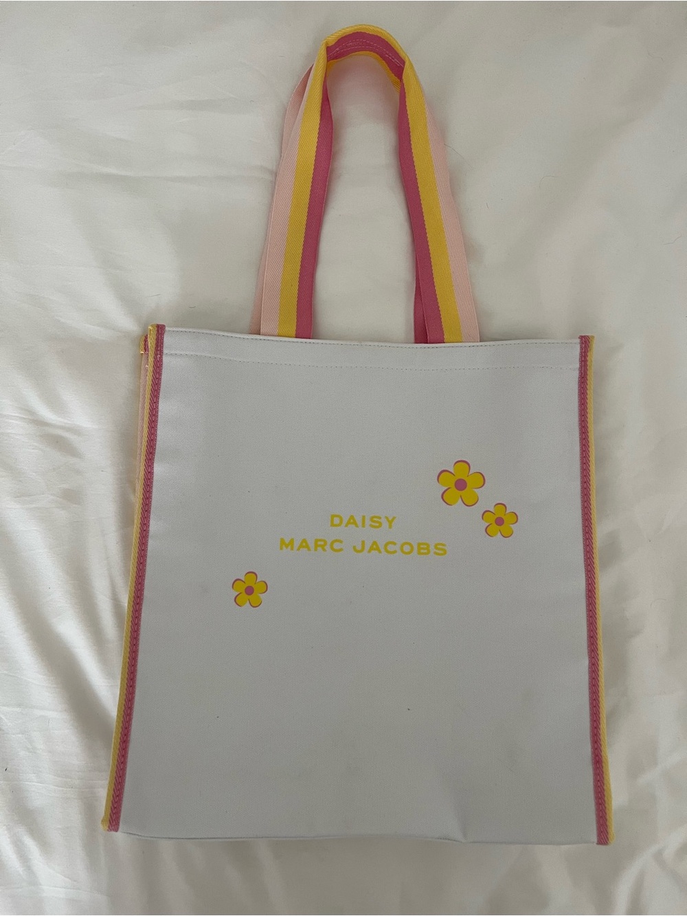 Marc Jacobs White Canvas Tote with Yellow Logo and Pink Trim
